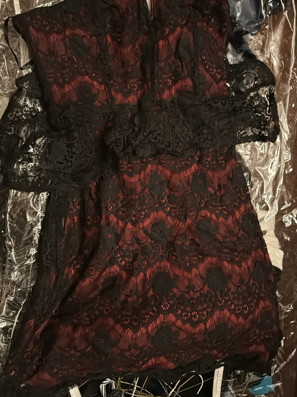 Black Lace Overlay Dress with Red Underlay